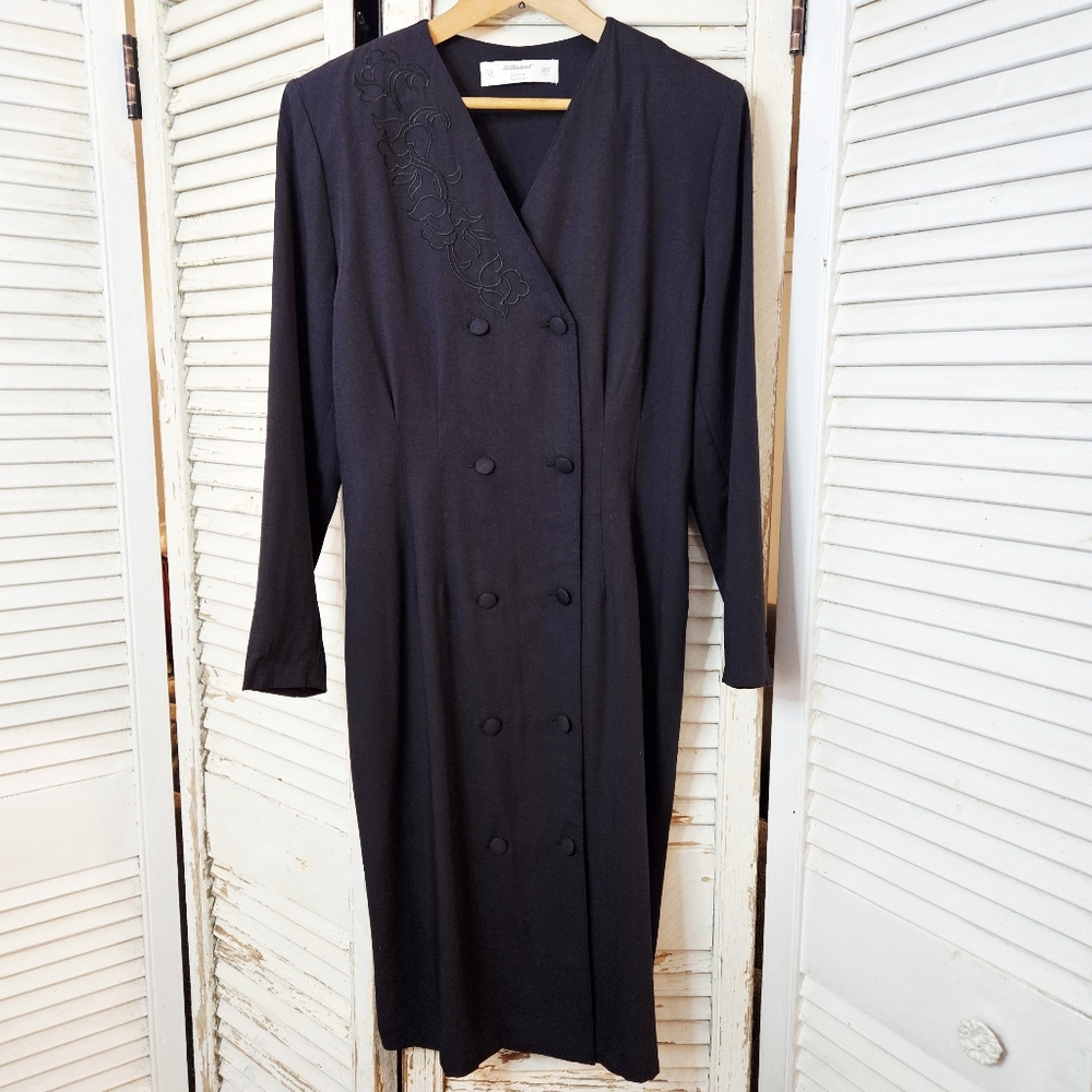 Vintage 80s Double Breasted Tailored Wool Blend Dress With Embroidery Black S/M